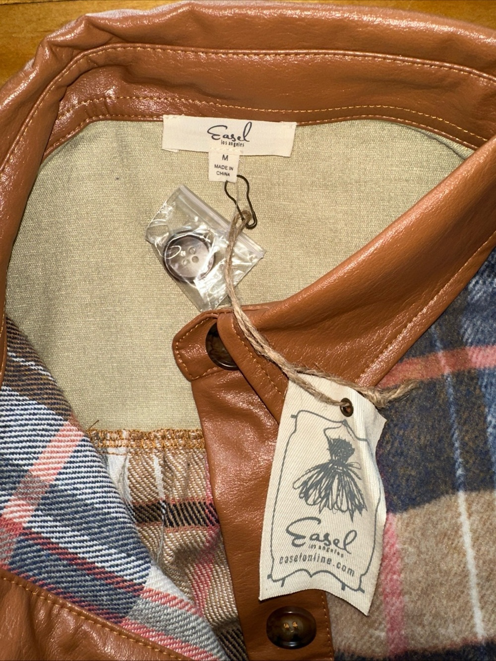 easel Brown Faux Leather Trim Plaid Jacket with Blue and Pink Accents - Picture 5 of 10